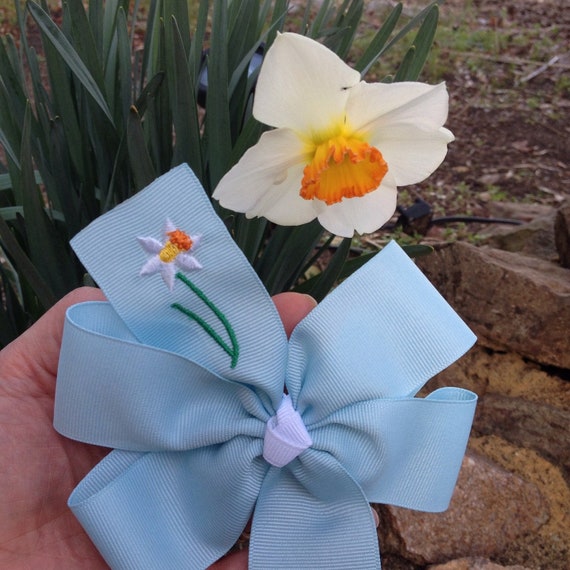Monogrammed Embroidered Daffodil Hair Bow/Easter Hair Bow/Spring Hair Bow