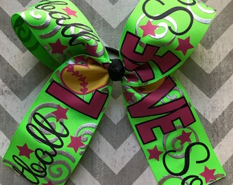 Neon Green Softball Bow/Softball Bow/Softball/Softball Hair Bow/Hair Bow/Bow/Ready to Ship Softball Bow/Green Softball Bow