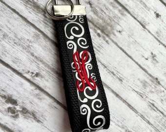 Monogrammed Black White and Red Key Fob/Monogrammed Key Fob/Monogrammed Wristlet/Monogrammed Keychain/Key Fob/Keychain/Monogrammed Gift