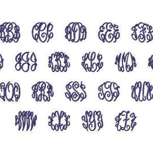 May include: A collection of 30 different monogram designs in a dark blue colour. Each monogram is a circle with two letters on top of a third letter.