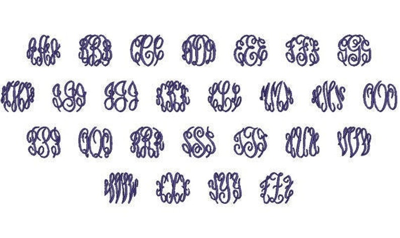 May include: A collection of 30 different monogram designs in a dark blue colour. Each monogram is a circle with two letters on top of a third letter.