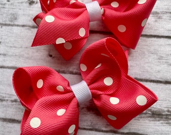 Coral And White Polka Dot Pigtail Boutique Hair Bows/Coral Hair Bows/Summer Hair Bows/Ready to Ship Hair Bows/Pigtail Bows