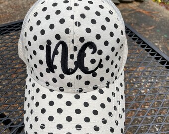 NC Cap/Baseball Cap/NC Cap/North Carolina Cap/NC Gift/North Carolina/Embroidered Gift/White and Black Polka Dot Cap/Ladies Baseball Cap