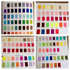 May include: A colour chart of ribbon samples with various colours and names. The chart is divided into sections with headings like "Offray Ribbon" and "RABOM Private Collection".