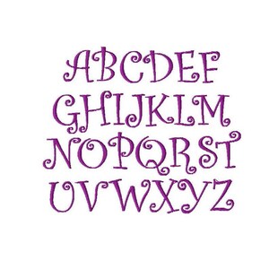 May include: Purple alphabet with a whimsical, handwritten style. Each letter has a unique flourish or curl.