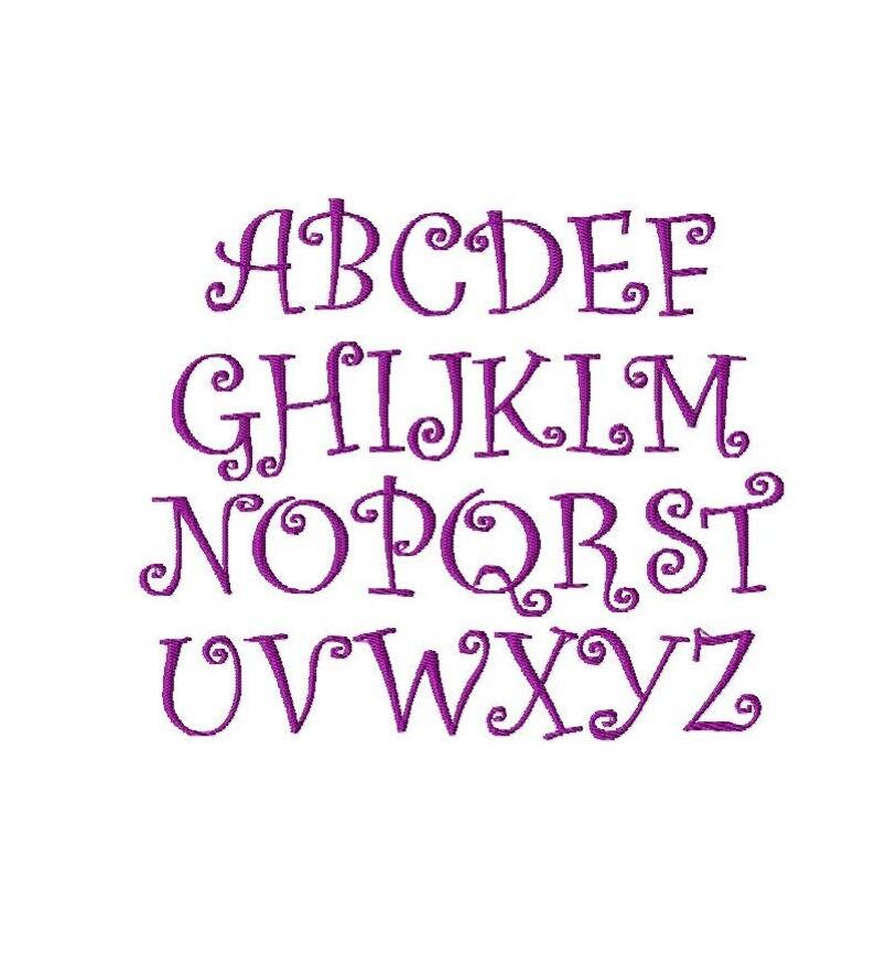 May include: Purple alphabet with a whimsical, handwritten style. Each letter has a unique flourish or curl.