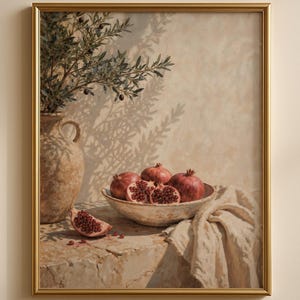 Può includere: Una stampa d'arte incorniciata raffigurante una natura morta con una brocca in ceramica beige testurizzata, una ciotola piena di melograni rossi interi e tagliati, e un panno in tessuto color crema drappeggiato su una superficie in pietra.