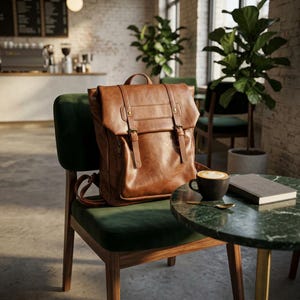 May include: A tan leather backpack featuring a fold-over flap with two vertical straps, brass-toned buckles, and a top handle. The bag has a structured rectangular shape with visible stitching and a smooth finish, resting on a dark green upholstered chair.