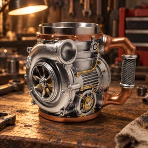 Op de afbeelding: Een zilver- en koperkleurige mok in de vorm van een mechanisch turbo-motoronderdeel. De mok heeft een opvallend ventilatorbladontwerp, metalen leidingen, kleine boutdetails en een handvat met een textuur en een metalen gaasgreep.
