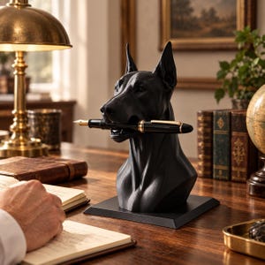 May include: A matte black Doberman dog bust sculpture mounted on a square base, designed to hold a black fountain pen with gold-tone accents horizontally in its mouth. The sculpture features detailed facial features and pointed ears.