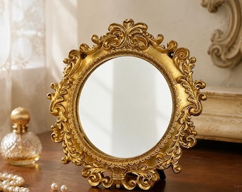 Present till kvinnor och vintageinredningsälskare, barock sminkspegel, utsmyckad bordsdekor i guldharts