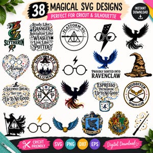 May include: A collection of 38 magical SVG designs featuring various fantasy-themed illustrations, including a snake, phoenix, sorting hat, glasses, lightning bolts, crests, and text phrases like "Hogwarts Alumni" and "I Solemnly Swear That I Am Up To No Good."