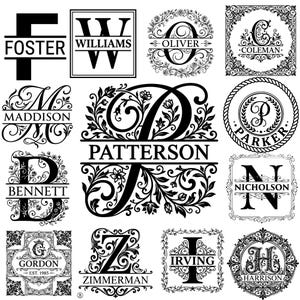 Puede incluir: Una colección de doce diseños de monogramas en blanco y negro con letras mayúsculas grandes entrelazadas con patrones florales, de volutas y geométricos. Cada diseño incluye una línea horizontal que separa la letra de un apellido como Foster, Williams, Oliver, Coleman, Maddison, Patterson, Parker, Bennett, Nicholson, Gordon, Zimmerman, Irving y Harrison.