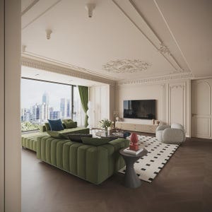 May include: A living room featuring a large olive green channel-tufted sectional sofa, a round glass coffee table, a white area rug with black squares, a light-colored media console, a television, and a textured light gray armchair.