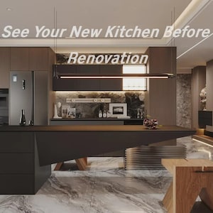 May include: A modern kitchen interior featuring dark cabinetry, a large matte black island, and marble flooring. The text "See Your New Kitchen Before Renovation" is overlaid in white. The space includes integrated appliances and a wooden stool.