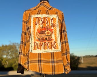 Jesus and pumpkins upcycled flannel. Long sleeve