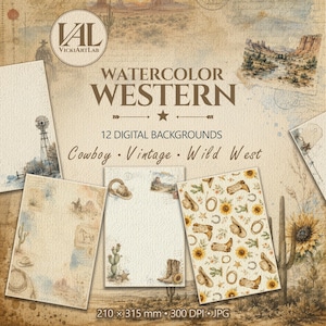 May include: A digital collection of 12 watercolour western backgrounds featuring vintage cowboy themes, desert landscapes, cacti, sunflowers, and boots. The text reads VAL VICKIARTLAB, WATERCOLOR WESTERN, 12 DIGITAL BACKGROUNDS, Cowboy, Vintage, Wild West.