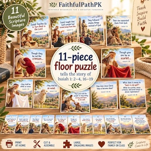 Könnte beinhalten: Ein 11-teiliges Bodenpuzzle-Set mit illustrierten biblischen Szenen aus Jesaja 1: 2-4, 16-19. Jede rechteckige Karte zeigt ein biblisches Bild mit beschreibendem Text, einschließlich eines zentralen runden Etiketts und einer nummerierten Kartenreihe.