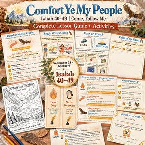 Könnte beinhalten: Eine Sammlung gedruckter Unterrichtsmaterialien mit dem Titel Comfort Ye My People Isaiah 40-49, bestehend aus Aktivitäten, Lehrerleitfäden, Ausmalbildern mit Adlerillustrationen und Karten mit religiösen Texten, in einer geschichteten Anordnung.