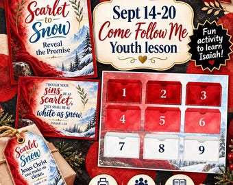 May include: A religious educational kit featuring printed cards and a numbered grid with nine pockets. Text includes 'Scarlet to Snow', 'Sept 14-20 Come Follow Me Youth lesson', 'Though your sins be as scarlet, they shall be as white as snow', and 'Isaiah 1:18'.