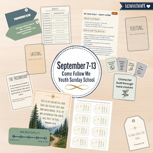 Puede incluir: Una colección de materiales educativos impresos para una lección de escuela dominical para jóvenes titulada September 7-13 Come Follow Me. El conjunto incluye una hoja de respuestas, una guía de lección sobre la escala de confianza y tarjetas.