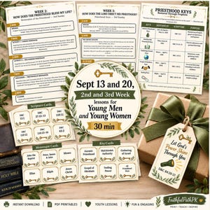 May include: A collection of printed lesson materials for youth, including lesson plans for weeks two and three, scripture cards, messenger cards, and key cards. A gift box with a green ribbon and a tag reading Let God's Power Shine Through You is included.
