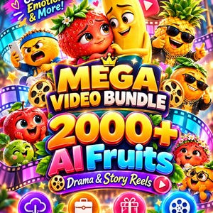 Pacchetto di oltre 2000 video animati con frutta e intelligenza artificiale, divertenti video di frutta parlante, brevi storie drammatiche, contenuti per social media senza volto, utilizzo commerciale.