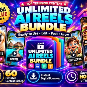 以下が含まれることがあります： Unlimited AI Reels Bundleのデジタル製品広告。テキストオーバーレイ、カラフルなアイコン、面白いペット、旅行、子供向けストーリー、料理レシピ、フィットネスなどのコンテンツニッチを表示する4つのスマートフォン画面が配置されています。