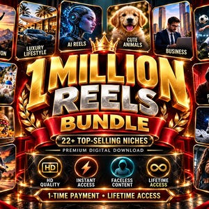 以下が含まれることがあります： 「1 MILLION REELS BUNDLE」と金色の文字で書かれたデジタル製品の画像。王冠のアイコンがあり、モチベーション、ラグジュアリー、AI、動物、ビジネス、スポーツ、旅行、食品、宇宙、フィットネスなど22以上の人気ニッチを紹介しており、HD品質で生涯アクセスが可能です。