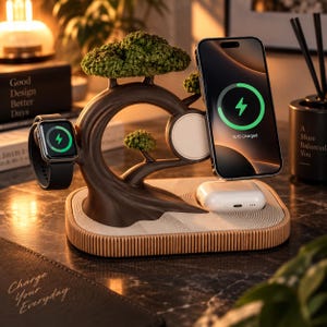 May include: A multi-device charging station shaped like a bonsai tree with a dark brown trunk and green foliage. It features a magnetic mount for a smartphone, a side arm for a smartwatch, and a base with a white surface for wireless earbuds.