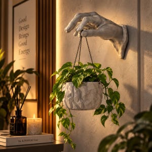 Könnte beinhalten: Eine Wandskulptur einer grauen Hand, die aus der Wand ragt und eine dünne schwarze Kette hält, an der ein strukturierter, hellgrauer, runder Pflanztopf mit einer hängenden, grün-gelben Efeutute mit herzförmigen Blättern befestigt ist.