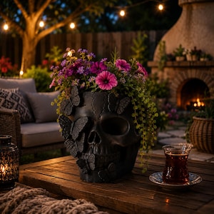 May include: A matte black skull-shaped planter adorned with sculpted butterflies on the side, filled with vibrant purple and pink flowers and trailing green foliage, resting on a wooden surface next to a glass of dark tea.