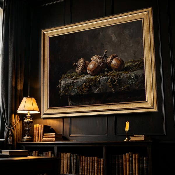 Moody Acorn Still Life Wall Art, Dark Vintage Oil Painting Canvas Print, Mossy Stone Botanical Poster, Dark Academia Home Decor