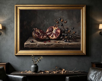 Vintage Pomegranate Fruit Wall Print, Moody Oil Painting Style Still Life with Dried Rose Hips