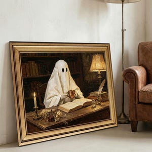 May include: A framed rectangular wall art print depicting a figure draped in a white sheet with two black eye holes, sitting at a dark wooden desk. The figure holds a copper mug beside an open book, a lit candle, a quill, and dried flowers.