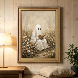 May include: A framed wall art print featuring a white ghost figure draped in a sheet, sitting in a field of white and orange wildflowers while reading an open book. The artwork is enclosed in a decorative gold frame with a neutral, muted color palette.