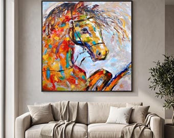 Colorful Horse Portrait Textured Oil Painting, Expressive Animal Wall Art, Modern Impasto Equine Artwork for Living Room or Office Decor