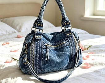 Handmade Denim Tote Bag For Women, Aesthetic Blue Jean Shoulder Bag, Large Crossbody Denim Purse, Casual Everyday Jean Handbag, Gift For Her