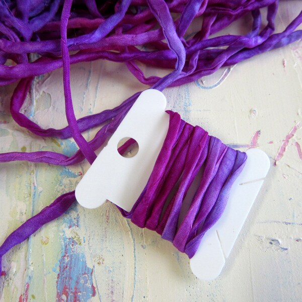 Hand Dyed Silk Ribbon - Silk Cord - Silk String - felting supplies - Pink and Purple