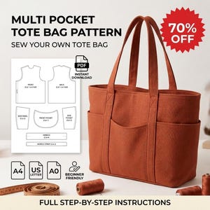 Pode incluir: Uma bolsa tote cor de ferrugem com dois bolsos externos e duas alças. Ao lado, há um molde de costura com o texto MULTI POCKET TOTE BAG PATTERN, SEW YOUR OWN TOTE BAG, PDF INSTANT DOWNLOAD, A4, US LETTER, A0 e FULL STEP-BY-STEP INSTRUCTIONS.