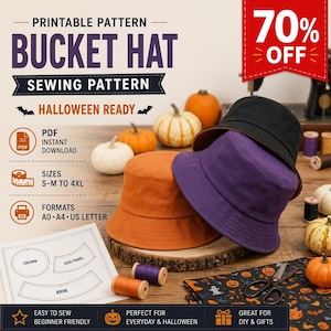 Könnte beinhalten: Ein druckbares Schnittmuster für einen Fischerhut mit dem Text PRINTABLE PATTERN BUCKET HAT SEWING PATTERN HALLOWEEN READY. Das Bild zeigt drei Fischerhüte in Schwarz, Lila und Orange sowie Kürbisse, Garnrollen und ein Papierschnittmuster.