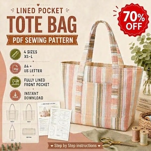 May include: A lined pocket tote bag PDF sewing pattern featuring a multi-colored vertical striped fabric design. The image displays text including Lined Pocket Tote Bag, 4 sizes XS-L, A4 + US Letter, fully lined front pocket, and instant download.