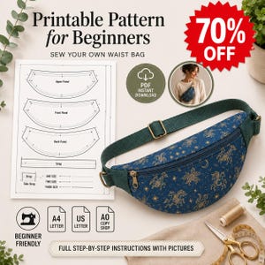 Könnte beinhalten: Ein druckbares Schnittmuster für eine Bauchtasche mit Diagrammen für Ober-, Vorder- und Rückenteile sowie einen Riemen. Enthält eine fertige dunkelblaue Bauchtasche mit goldenen Einhorn- und Sternmustern, grünem Riemen und Metallbeschlägen.