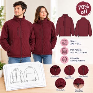 Polar Puff Jacket Sewing Pattern PDF, Raglan Zip Jacket, XXS–3XL, A0 A4 US Letter, Chest & Front Pockets