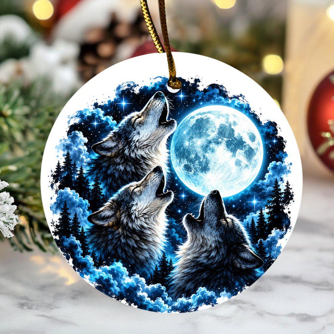 Howling Wolves Ceramic Ornament, Full Moon Night Sky, Animated Parody ...