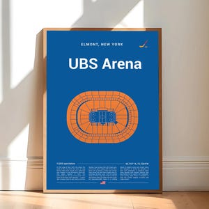 May include: A framed poster featuring a blue background with the text UBS Arena and Elmont, New York. It displays an orange diagram of the arena seating bowl and ice rink, a small hockey stick icon, and descriptive text at the bottom.