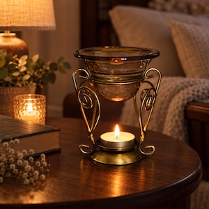 May include: A metal oil warmer featuring a brass-toned finish with ornate scrollwork legs and a circular base. A dark amber glass bowl sits at the top, while a small white tea light candle burns in the center holder below the bowl.