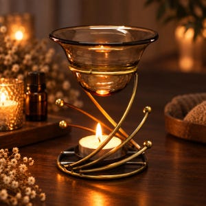 May include: A gold-toned metal oil burner featuring a spiraling frame with spherical accents at the ends. A dark, translucent glass bowl sits at the top, while a small white tea light candle burns in the base to provide heat.