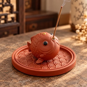 Fish Incense Holder with Wave Tray, Zisha Clay Incense Burner, Zen Home Decor, Meditation Room Accent, Unique Gift