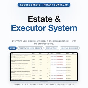 Peut inclure: Un modèle numérique Estate & Executor System pour Google Sheets. L'interface présente une liste de tâches avec des colonnes pour la base, la règle, les dates d'échéance et le statut. Le texte inclut '8 TABS', 'FEDERAL TAX DATES COMPUTE', 'PRIVACY-FIRST' et 'SECULAR BY DEFAULT'.